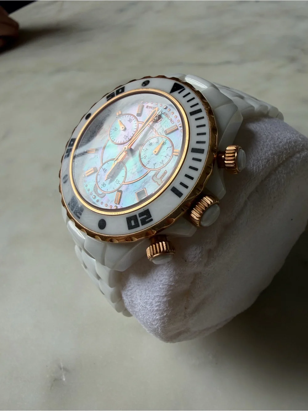White Ceramic Chronograph Swiss Legend Watch with Rose Gold Accents